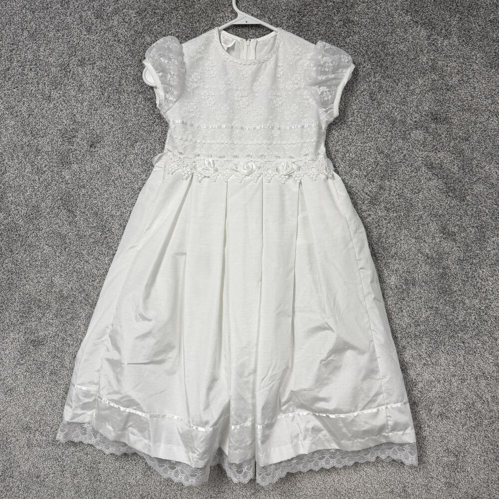 Vintage 90s Bonnie Jean Midi Dress Girls 7 White Lace Communion Union Made USA